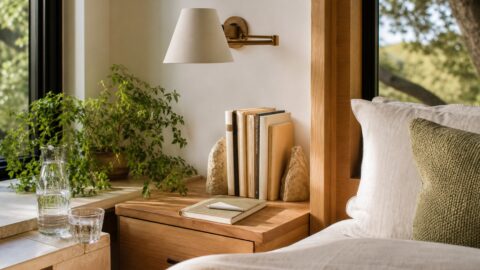 Modern organic nightstand with books turned away, small lamp, plant, water glass, and notebook.