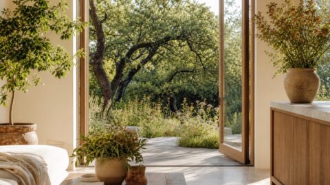Open doors from a clean modern home toward garden greenery, flowers, and soft morning light.