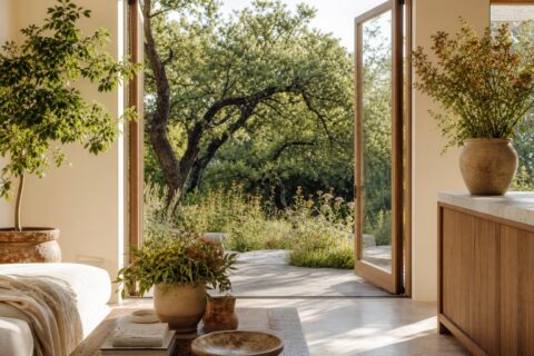 Open doors from a clean modern home toward garden greenery, flowers, and soft morning light.