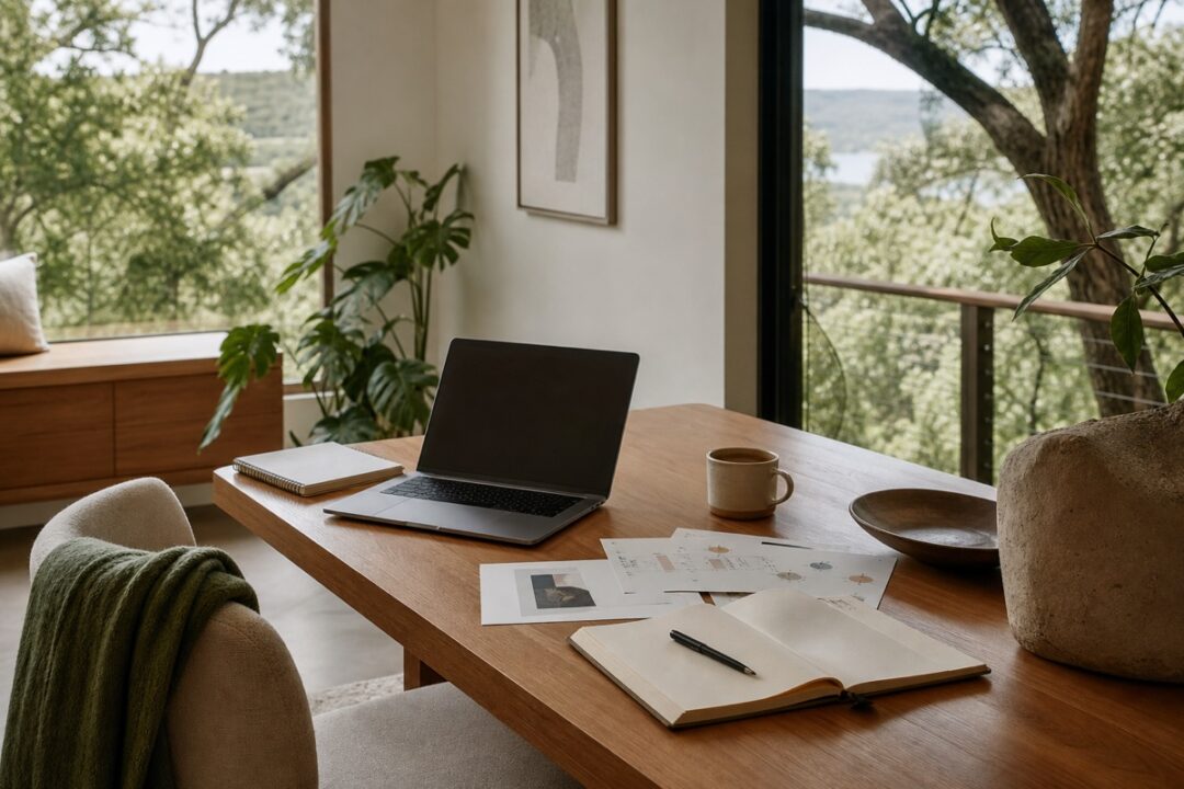 Calm workspace with laptop, notebook, coffee, business notes, plants, and garden light.