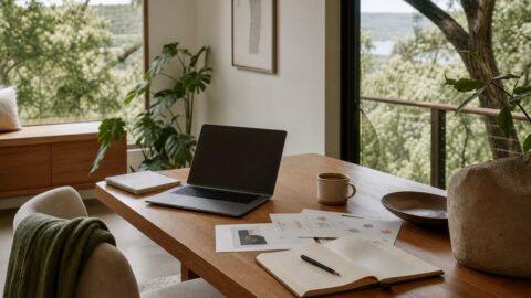 Calm workspace with laptop, notebook, coffee, business notes, plants, and garden light.