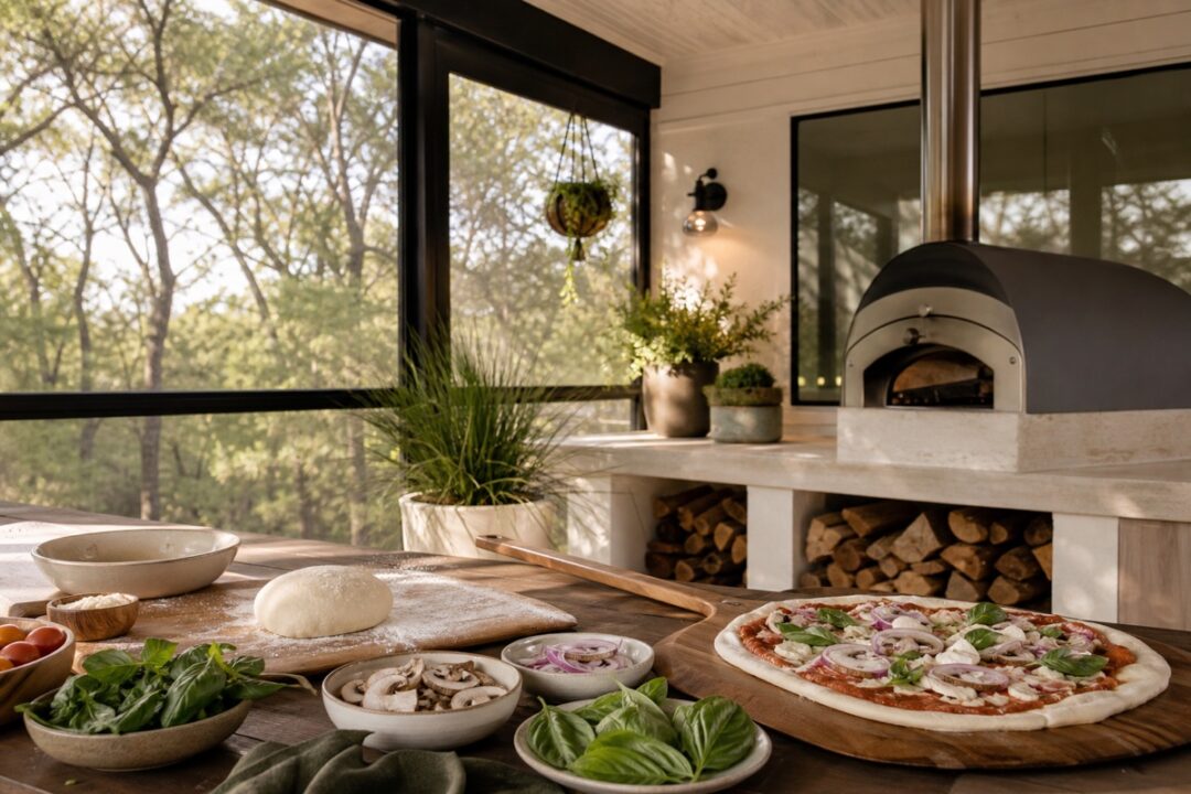 Relaxed screen porch pizza setup with dough, sauce, toppings, simple dishes, and warm natural light.