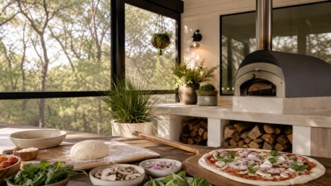 Relaxed screen porch pizza setup with dough, sauce, toppings, simple dishes, and warm natural light.