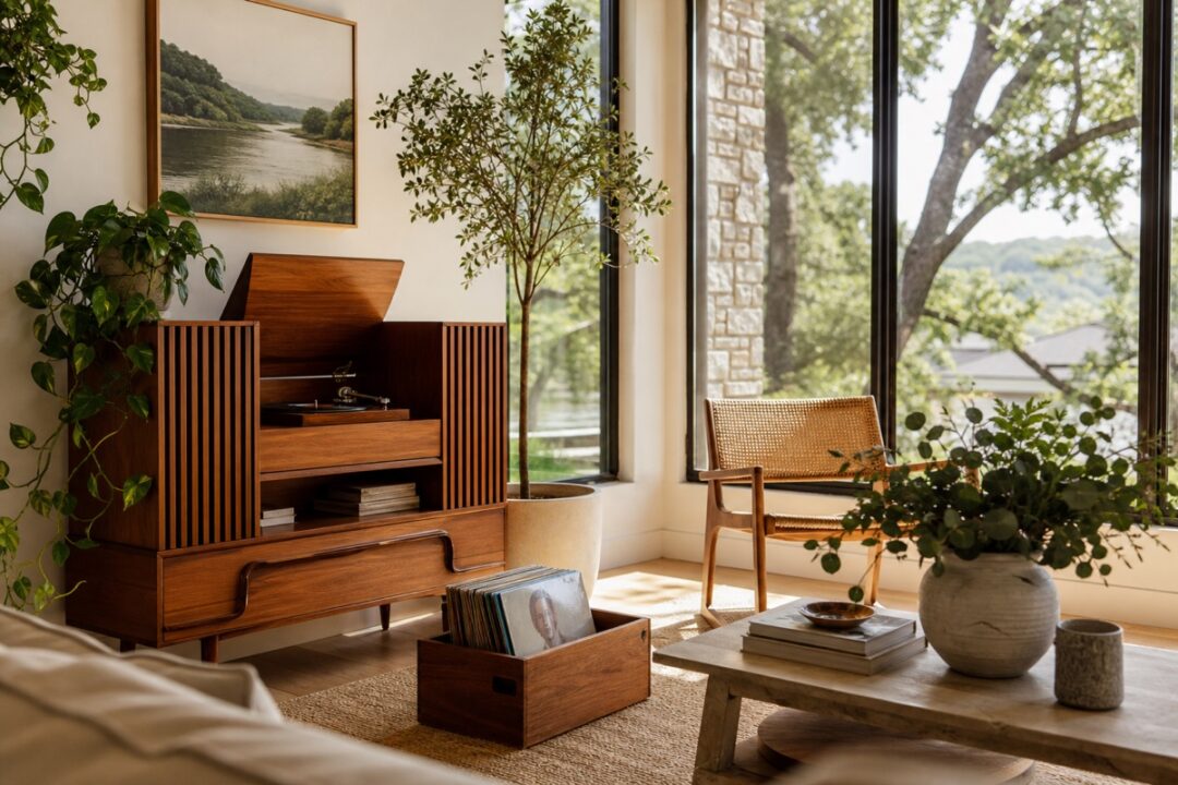 Mid century record console with records, books, plants, and large windows in a clean modern living room.