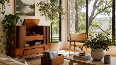 Mid century record console with records, books, plants, and large windows in a clean modern living room.