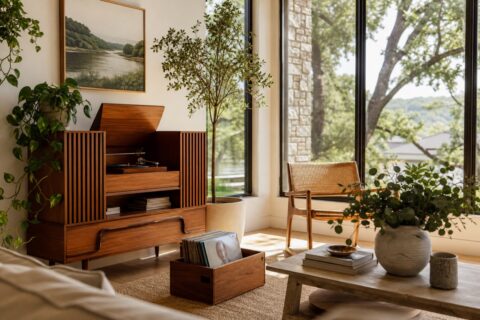 Mid century record console with records, books, plants, and large windows in a clean modern living room.