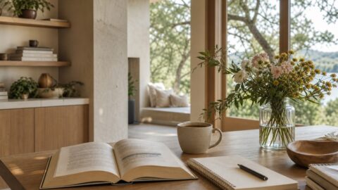 Open book turned away with notebook, coffee, flowers, plants, and soft natural light.