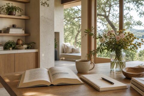 Open book turned away with notebook, coffee, flowers, plants, and soft natural light.
