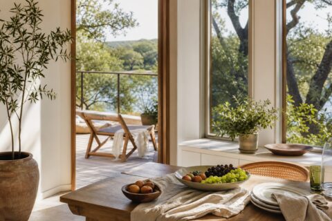 Simple summer outdoor table with fresh fruit, towels, sunshine, and a relaxed family-at-home feeling.
