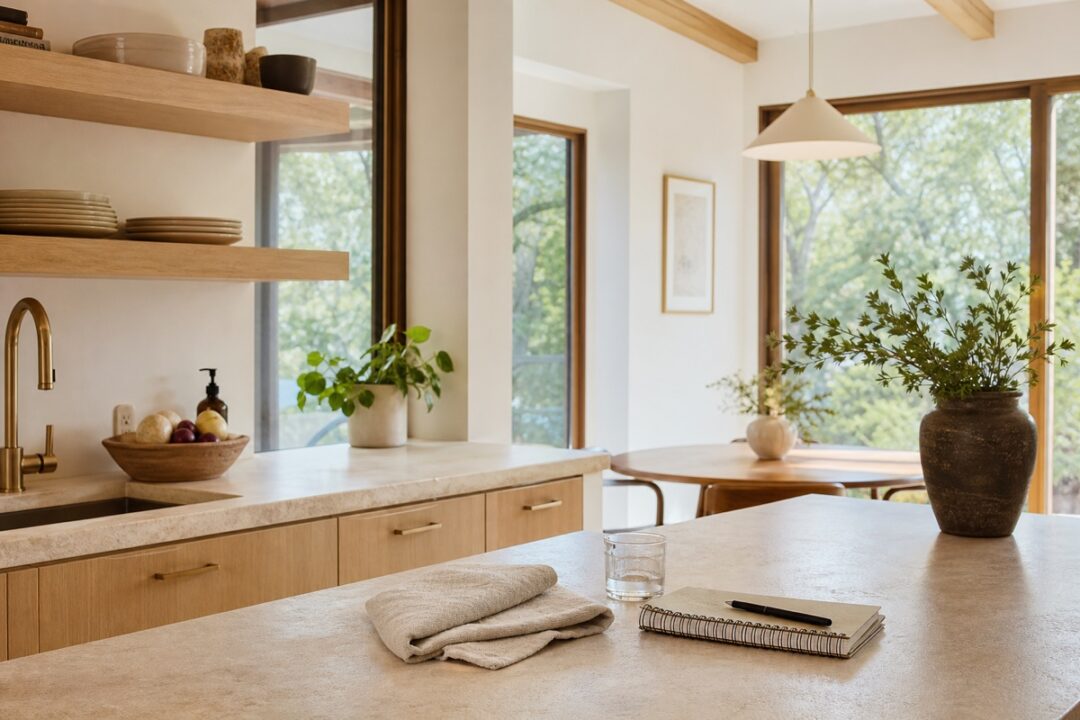 Clear kitchen counter with linen towel, plant, notebook, and warm natural light.