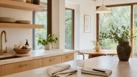 Clear kitchen counter with linen towel, plant, notebook, and warm natural light.