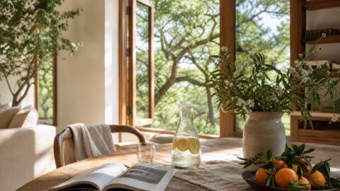 Bright summer home scene with open windows, garden flowers, citrus water, book, and plants.
