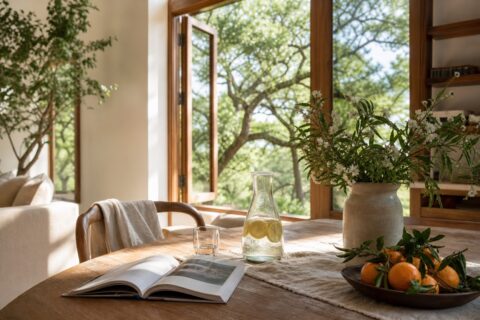Bright summer home scene with open windows, garden flowers, citrus water, book, and plants.