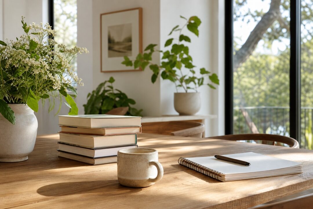Curated books turned away with notebook, coffee, wildflowers, plants, and soft window light.