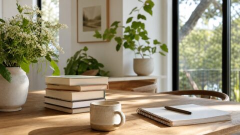 Curated books turned away with notebook, coffee, wildflowers, plants, and soft window light.