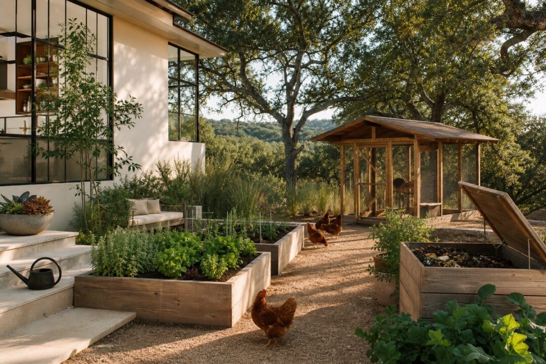Clean outdoor system with wooden chicken coop, raised garden beds, compost bin, and Rhode Island Red hens.