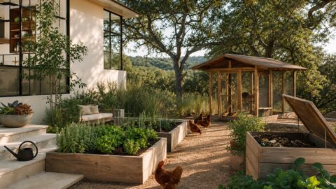 Clean outdoor system with wooden chicken coop, raised garden beds, compost bin, and Rhode Island Red hens.