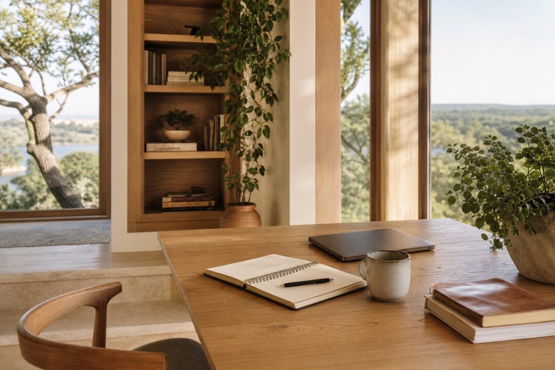 Quiet workspace with notebook, coffee, plants, books, closed laptop, and garden view.