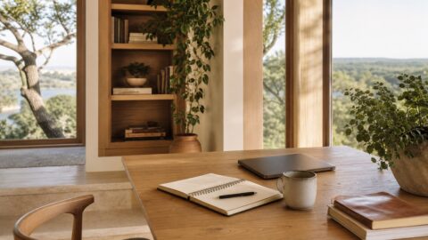 Quiet workspace with notebook, coffee, plants, books, closed laptop, and garden view.