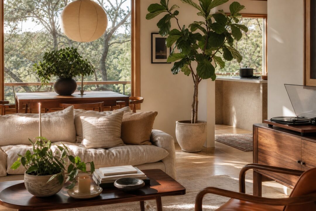 Solid wood furniture with an oversized plant, folded linen, cast iron, and record player detail in natural light.