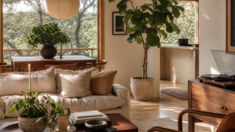 Solid wood furniture with an oversized plant, folded linen, cast iron, and record player detail in natural light.
