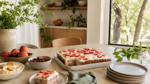 Summer dessert table with strawberry sheet cake, peaches, berries, ceramic plates, and warm kitchen light.
