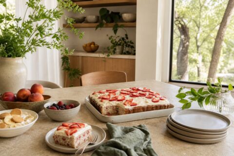 Summer dessert table with strawberry sheet cake, peaches, berries, ceramic plates, and warm kitchen light.