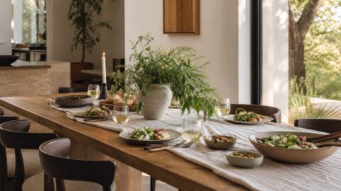 Warm relaxed table with simple food, flowers, linen, pottery, and welcoming place settings.