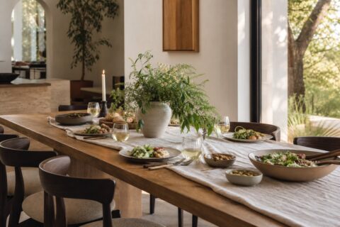 Warm relaxed table with simple food, flowers, linen, pottery, and welcoming place settings.