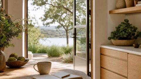 Quiet threshold from clean home to garden with notebook, coffee, open door, and hopeful morning light.