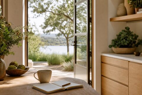 Quiet threshold from clean home to garden with notebook, coffee, open door, and hopeful morning light.
