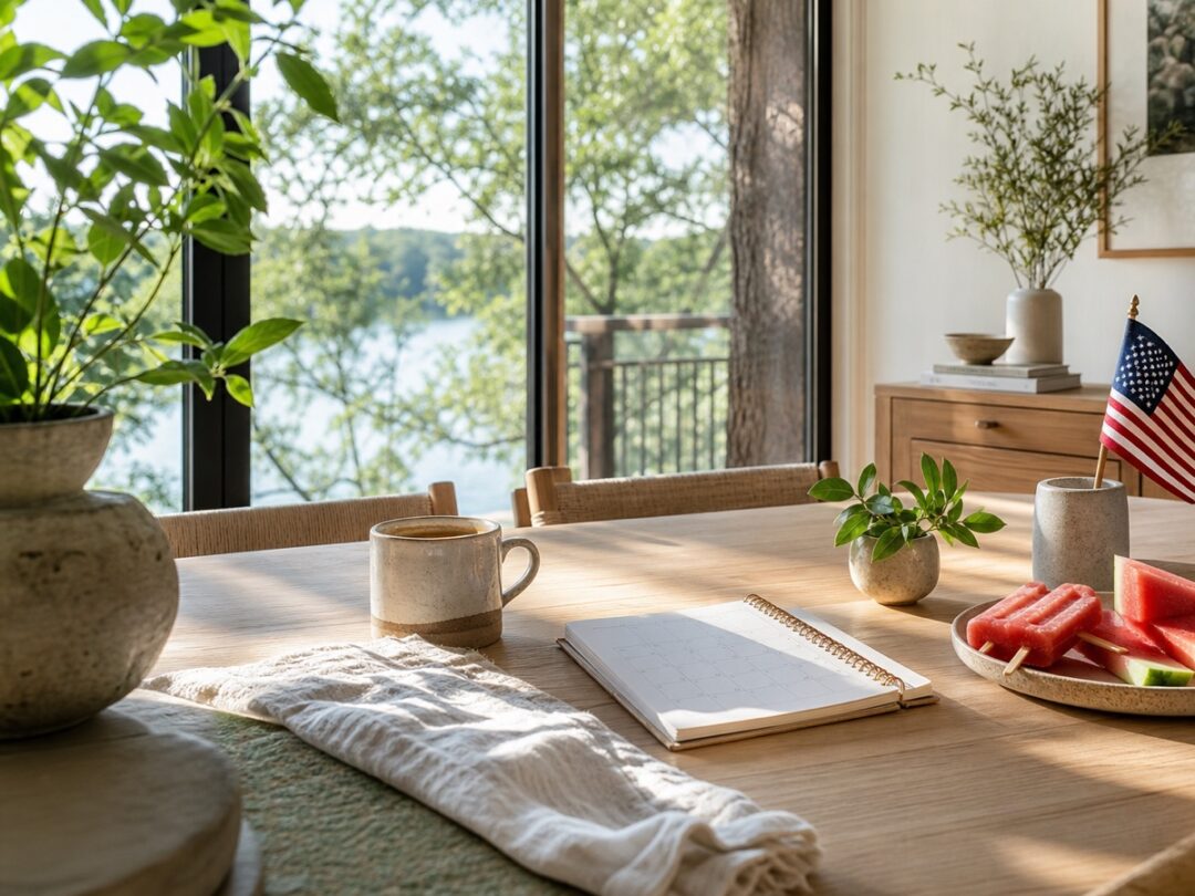 Botanic House morning table with coffee, notebook, July calendar, watermelon or popsicles nearby, a small red-white-blue detail, plants, and oak-tree light.