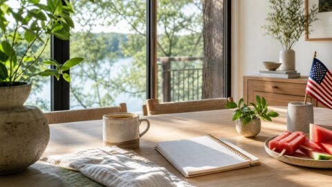 Botanic House morning table with coffee, notebook, July calendar, watermelon or popsicles nearby, a small red-white-blue detail, plants, and oak-tree light.