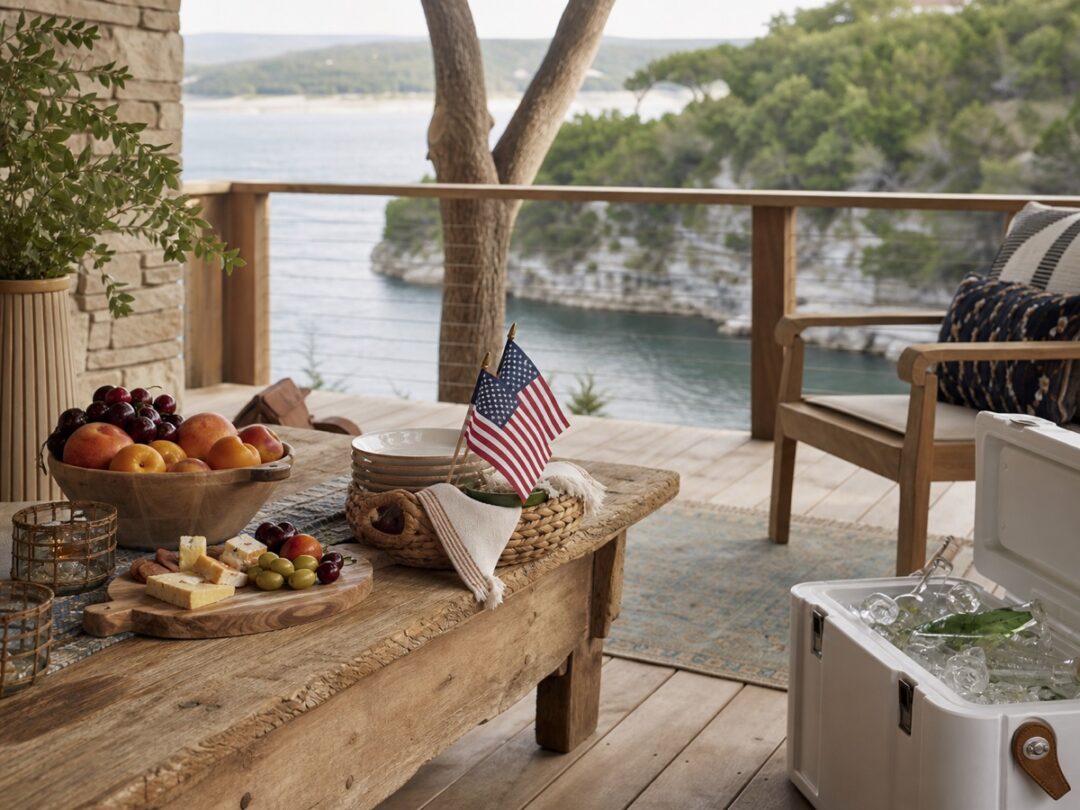 Lake Travis-inspired summer setting with limestone cove feeling, fruit, simple snacks, ice chest detail, small patriotic decor, and natural light.