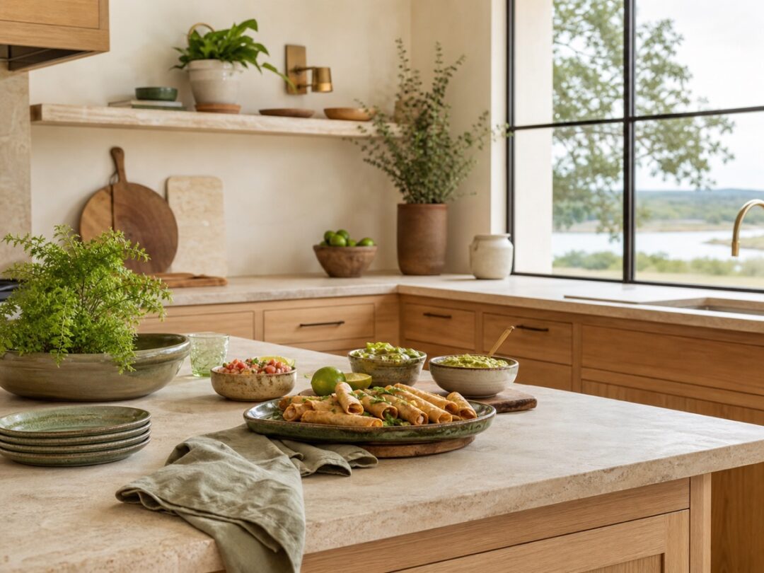 Clean kitchen island with taquitos or summer appetizer setup, lime, salsa, avocado dip, pottery bowls, linen, and natural light.