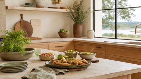 Clean kitchen island with taquitos or summer appetizer setup, lime, salsa, avocado dip, pottery bowls, linen, and natural light.