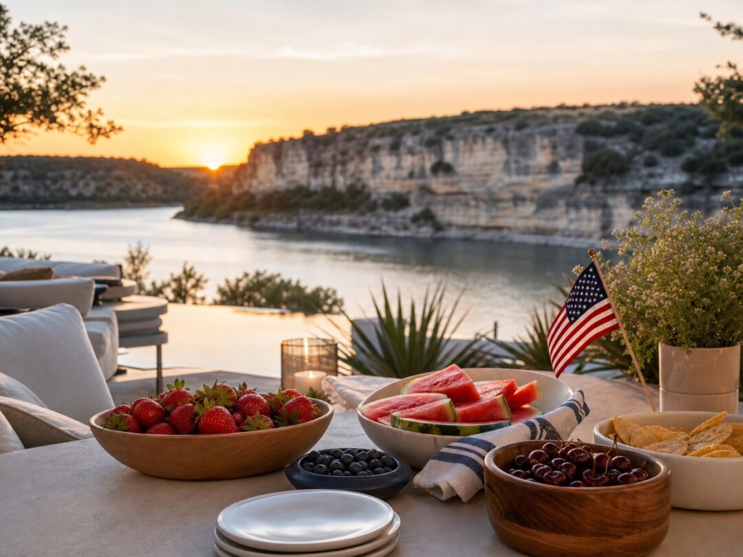 Lake Travis evening with limestone cliffs, water, berries, simple snacks, small patriotic detail, and fireworks atmosphere without close family faces.