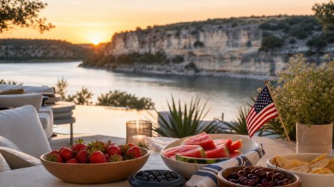 Lake Travis evening with limestone cliffs, water, berries, simple snacks, small patriotic detail, and fireworks atmosphere without close family faces.