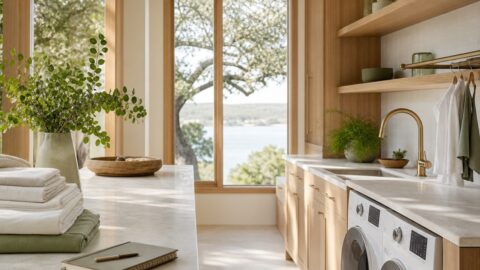 Bright laundry and kitchen reset with folded linens, clean counter, plant, notebook, and morning light.