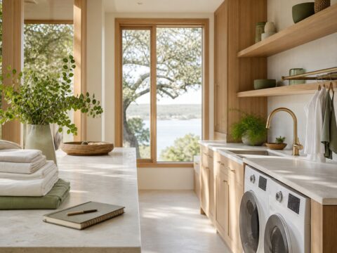 Bright laundry and kitchen reset with folded linens, clean counter, plant, notebook, and morning light.