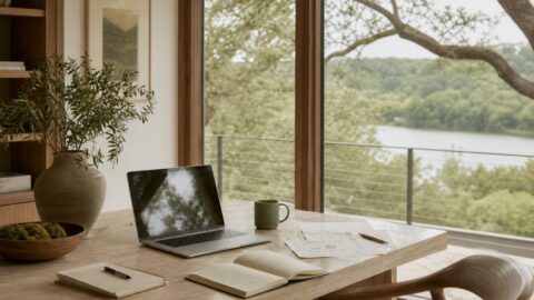 Botanic House workspace with laptop, launch notes, coffee, notebook, soft trees through windows, and a calm clean surface.