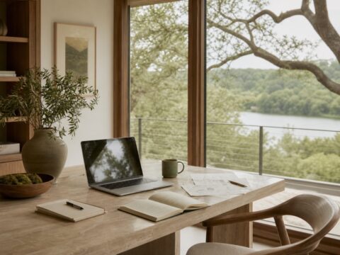 Botanic House workspace with laptop, launch notes, coffee, notebook, soft trees through windows, and a calm clean surface.