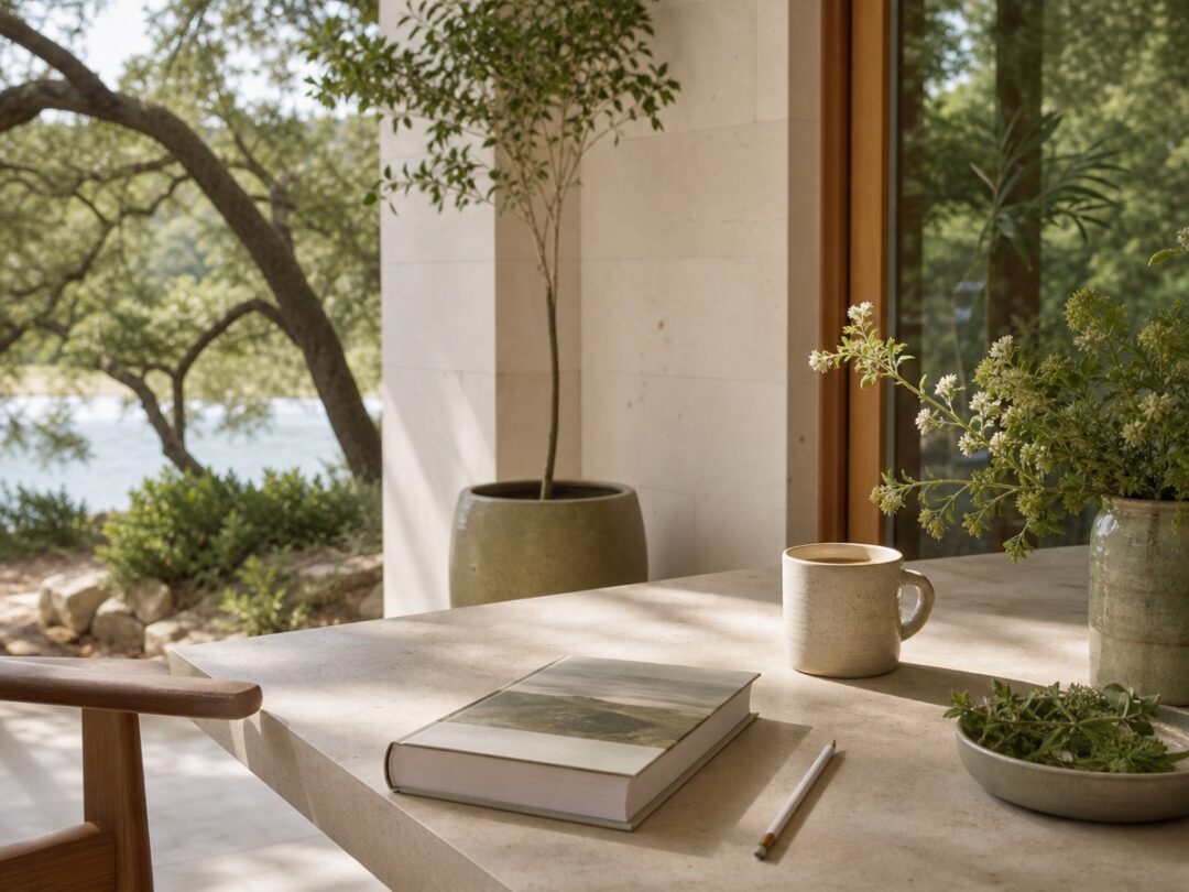 The Gifts of Imperfection on a clean porch table with coffee, pencil, flowers, plants, and garden visible nearby.