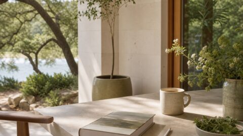 The Gifts of Imperfection on a clean porch table with coffee, pencil, flowers, plants, and garden visible nearby.