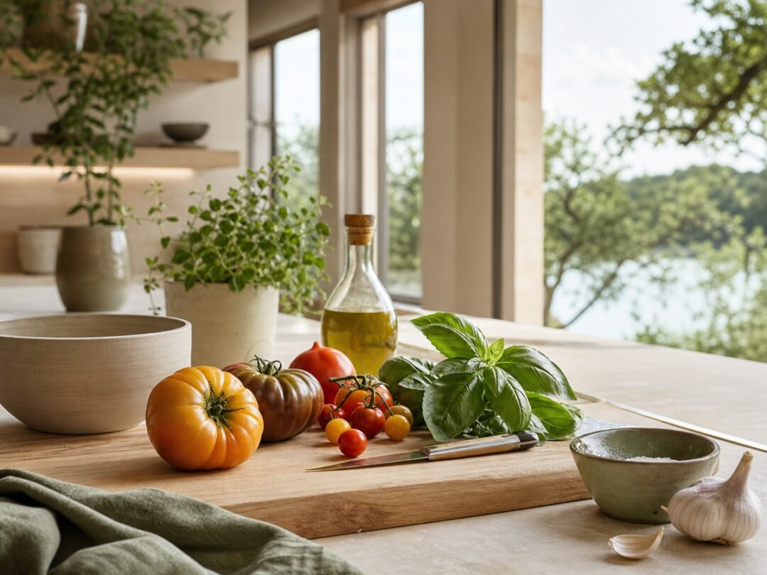 Tomatoes and basil on a wooden cutting board with pottery bowl, olive oil, clean modern kitchen light, and garden feeling.