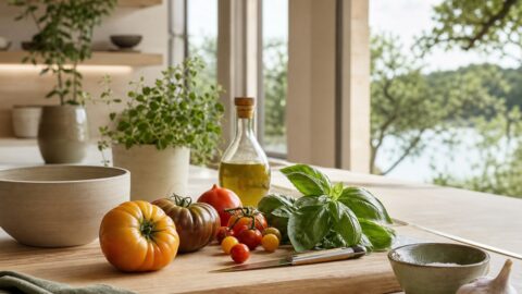 Tomatoes and basil on a wooden cutting board with pottery bowl, olive oil, clean modern kitchen light, and garden feeling.