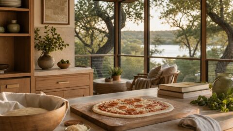 Screen porch and kitchen island pizza scene with dough bowl, wooden cutting board, cheese and pepperoni toppings, pizza books nearby, and warm evening light.