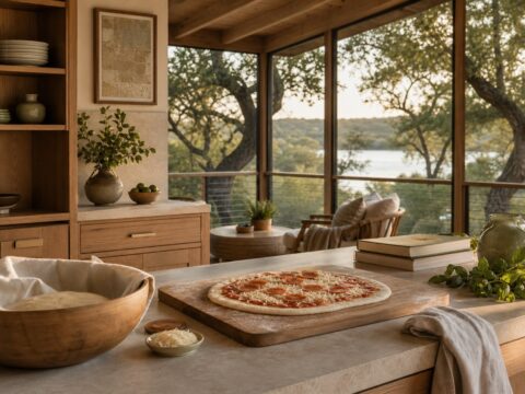 Screen porch and kitchen island pizza scene with dough bowl, wooden cutting board, cheese and pepperoni toppings, pizza books nearby, and warm evening light.