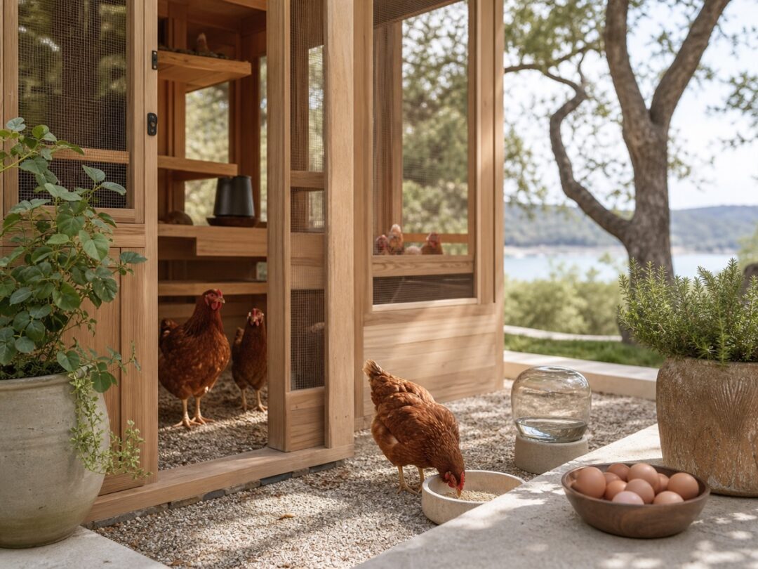 Clean wooden coop, Rhode Island Red chickens, brown eggs, water and feed detail, Texas summer yard, and warm natural light.