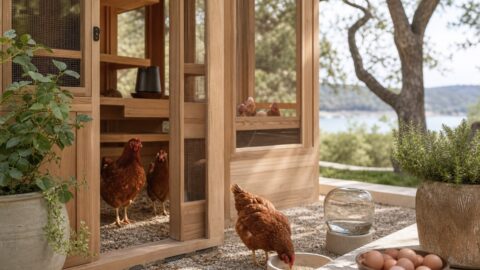 Clean wooden coop, Rhode Island Red chickens, brown eggs, water and feed detail, Texas summer yard, and warm natural light.